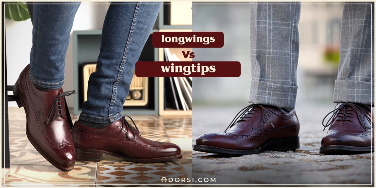 splitted image showing longwings vs. wingtips shoe types